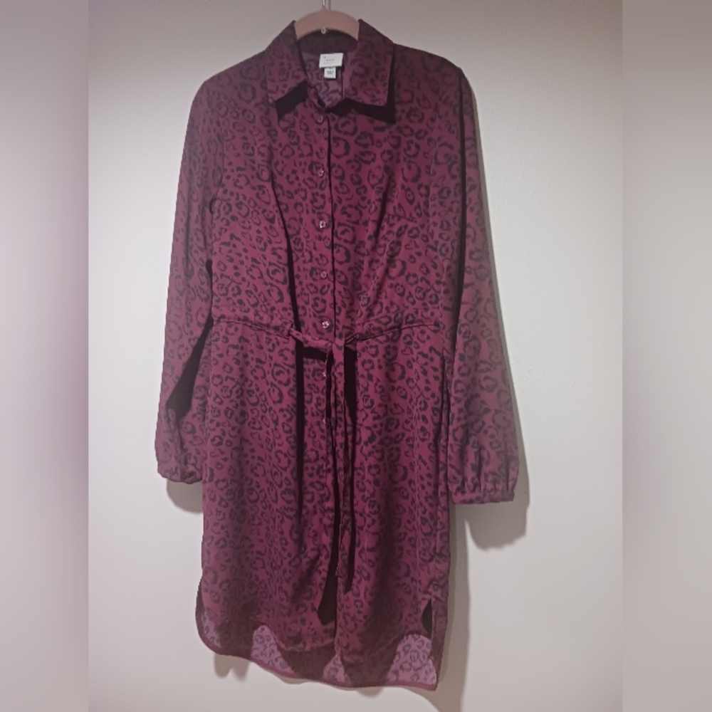Final $4 "A New Day" Hi-Lo Self Fabric Belted Shirt Dress. Sz. XS Burgundy.